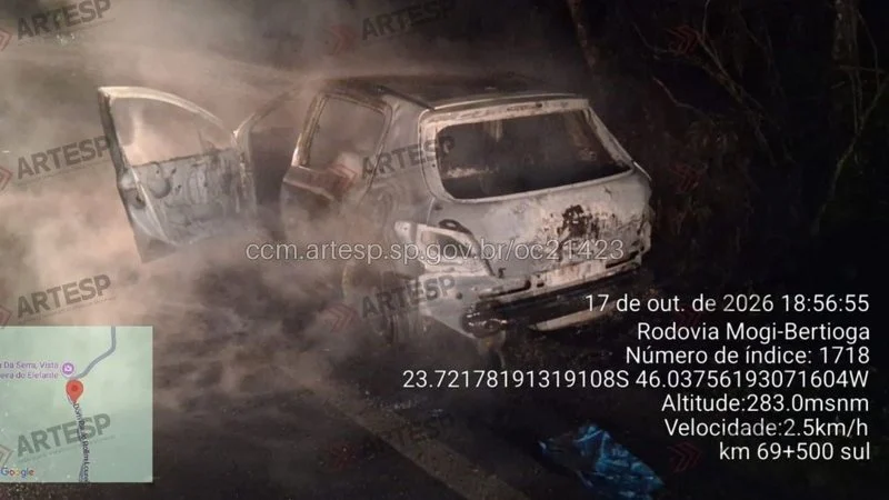 Incêndio em veículo deixa uma pessoa ferida na rodovia Mogi-Bertioga