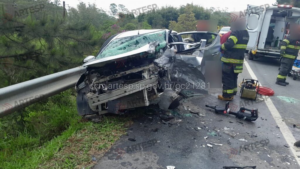 Carro destruído após batida de frente na Rodovia Mogi-Bertioga, com bombeiros no atendimento
